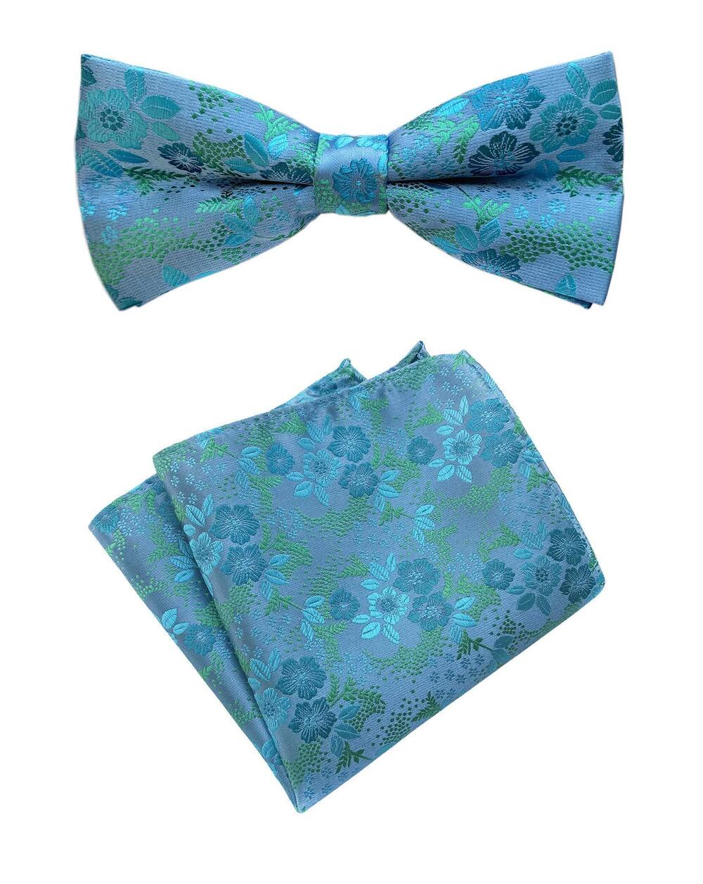 4590 Teal Blue Bow Ties Hanky Set Floral Fashion Woven Silk Wedding Party